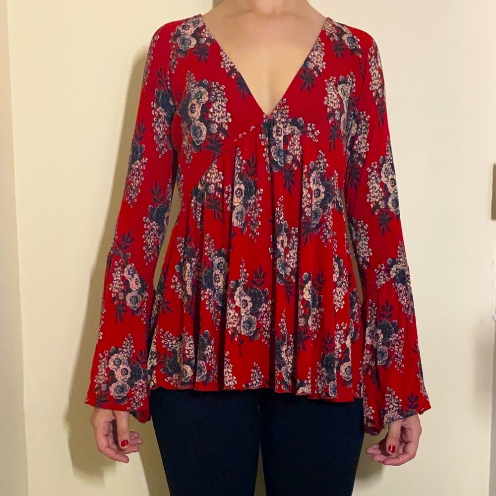 Free People Speak Easy Printed Bell-Sleeve Top